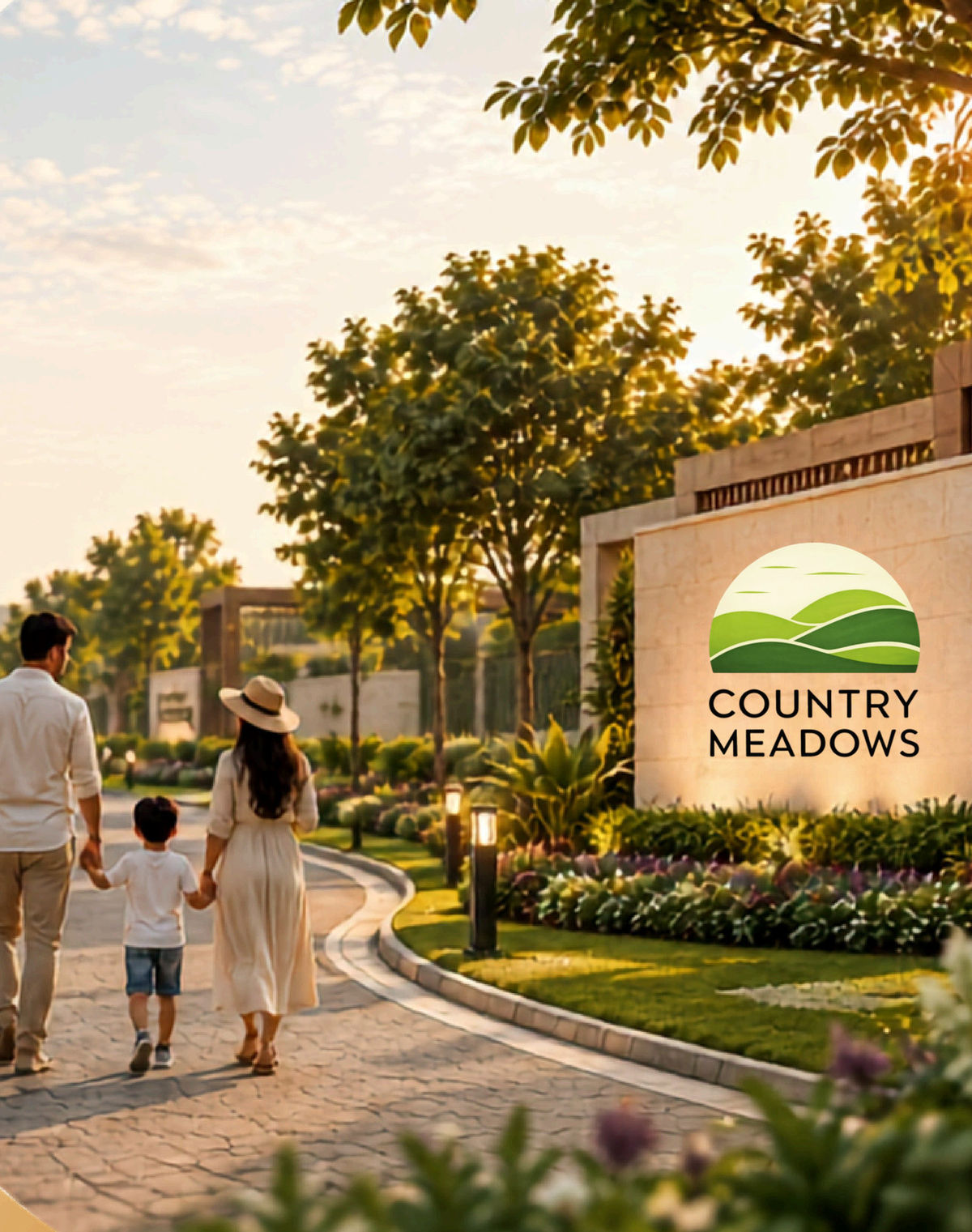 Family walking through the Country Meadows entrance