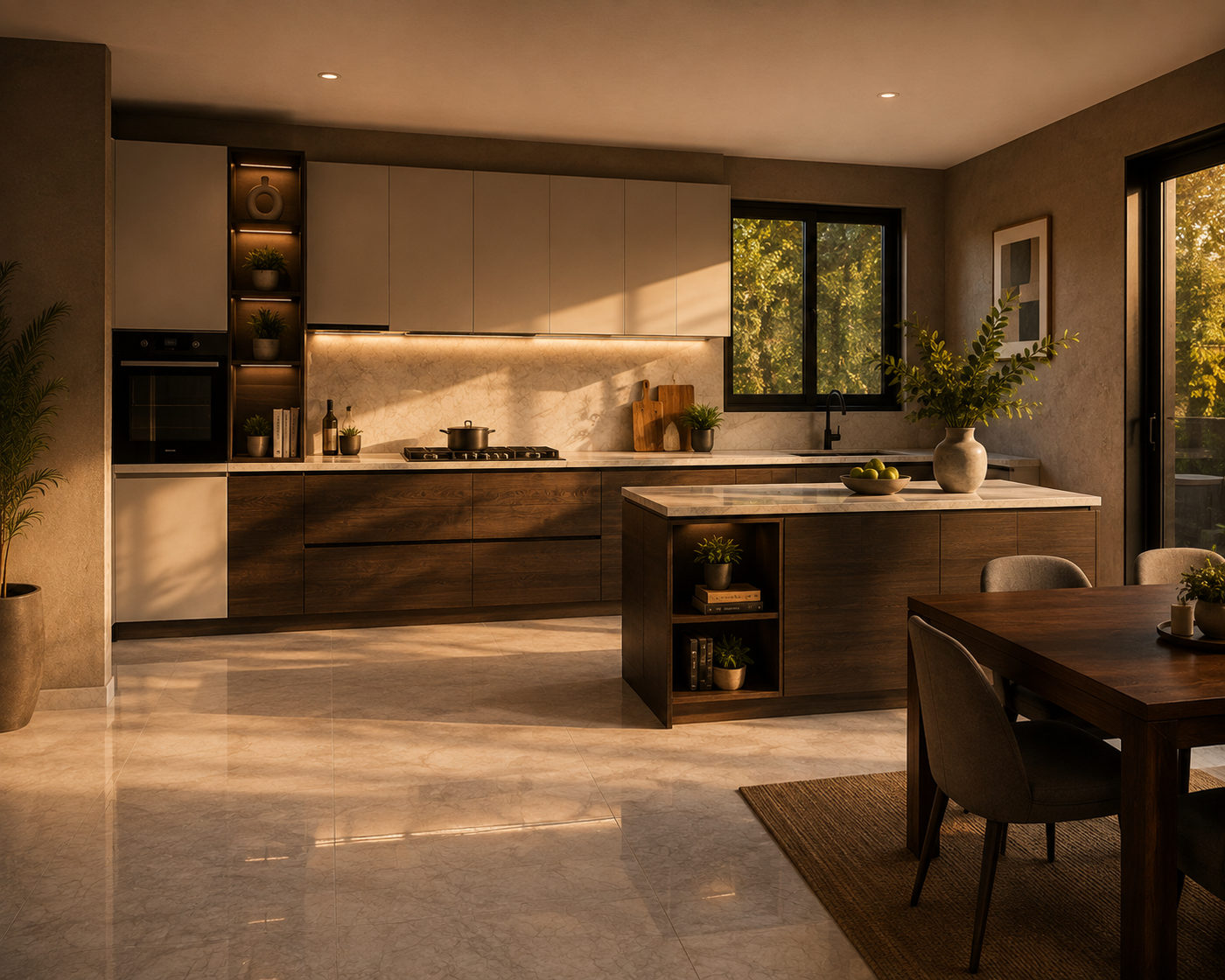 Modular kitchen with island and stone counter