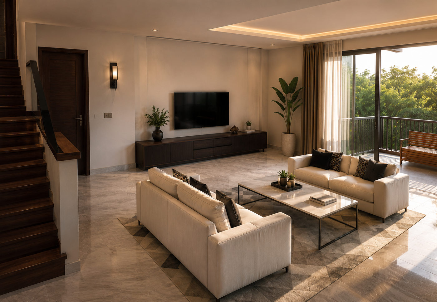 Living room with staircase and balcony access