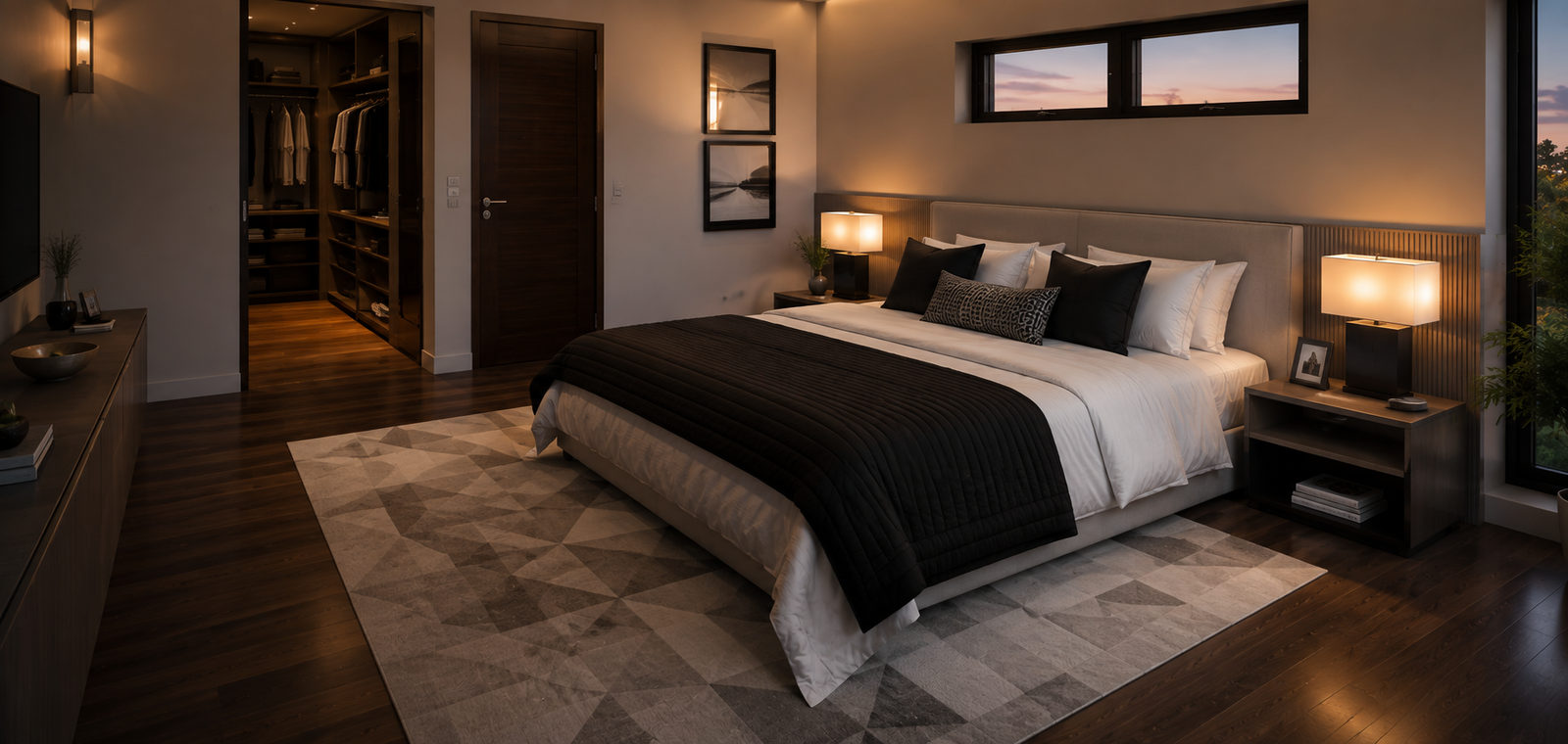 Master bedroom with walk-in wardrobe and evening light